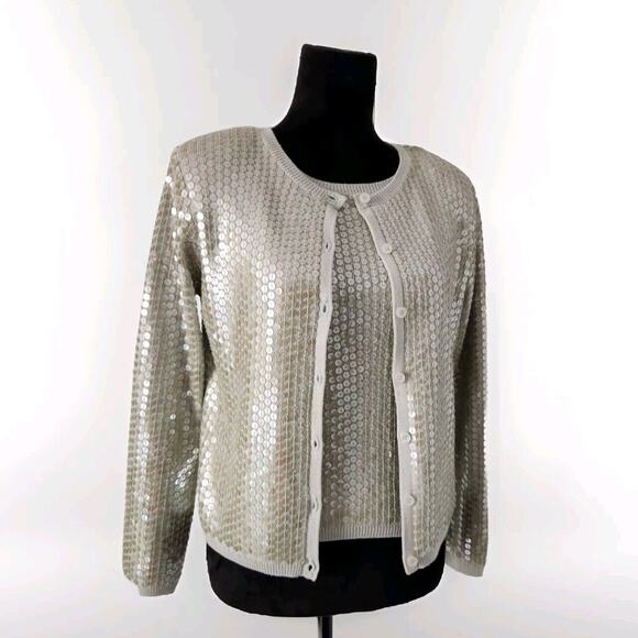 Vintage Anne Klein II Sequin Wool Knit Cardigan & Top Set Small Sage Green - Picture 2 of 12